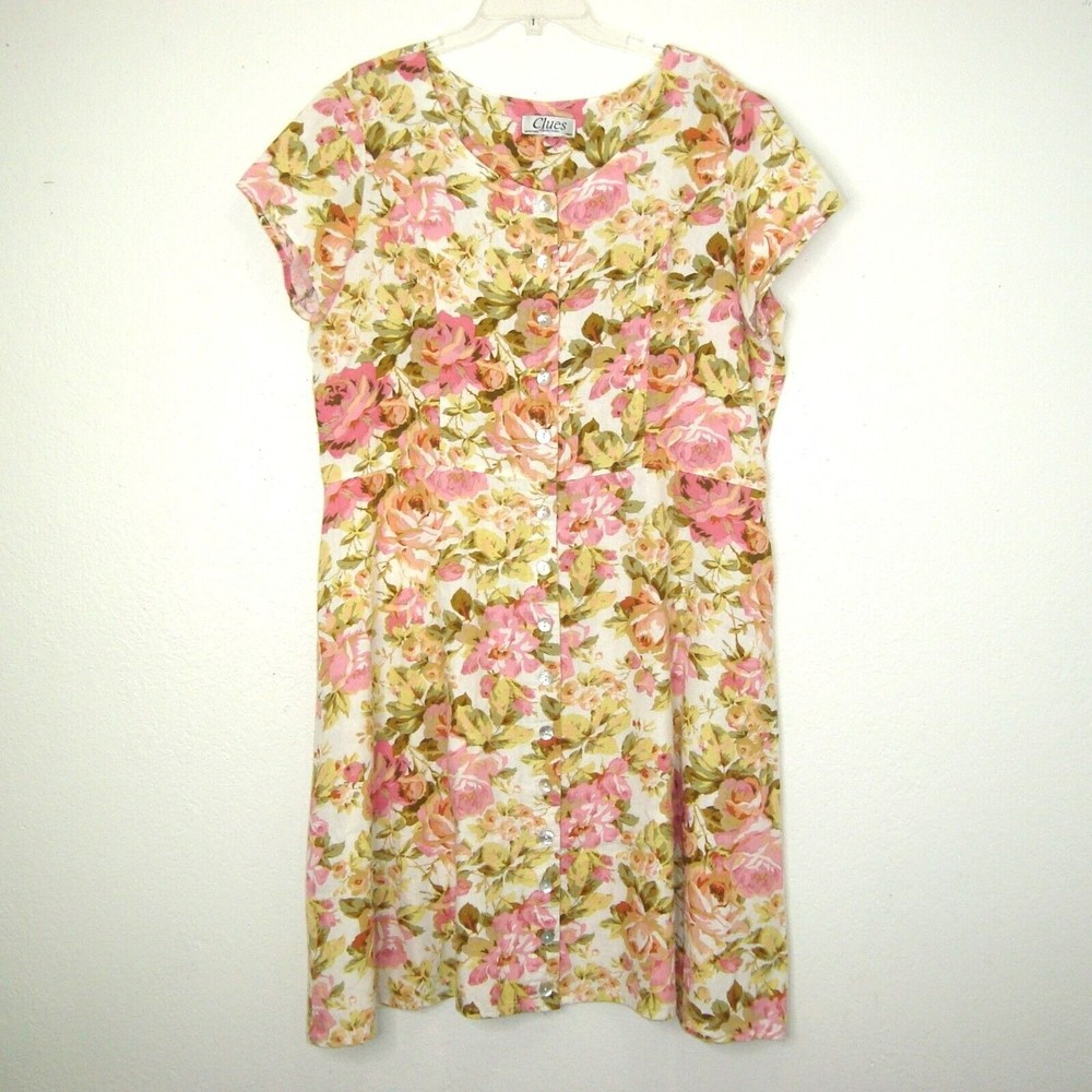 Vintage CLUES COLLECTION Floral Cottagecore Linen Blend Button Up Dress Size 12?